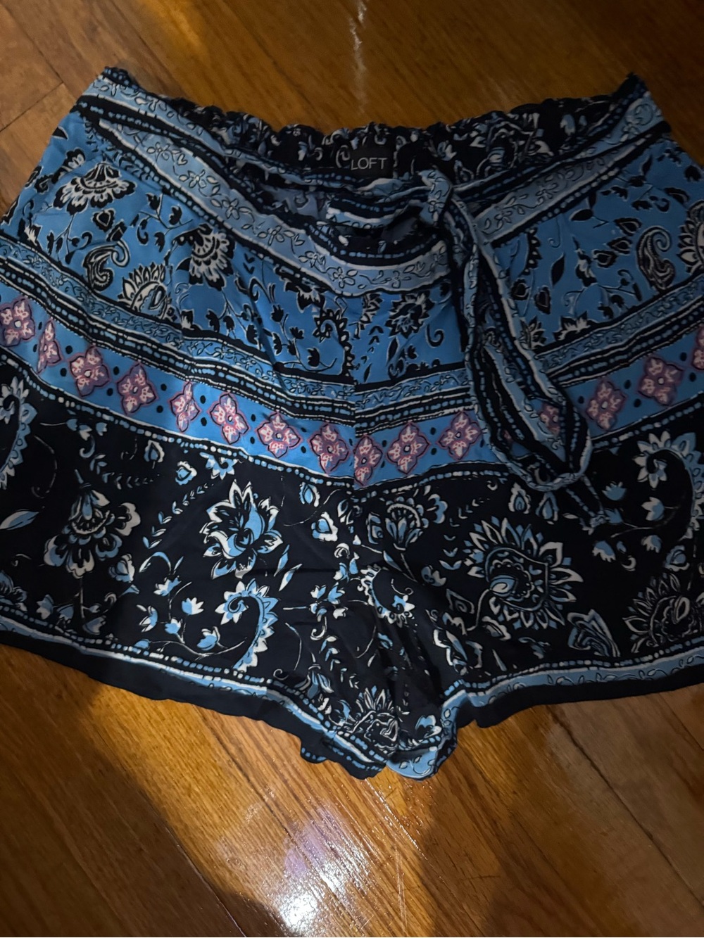 LOFT Black and Blue Floral Bandana Mini shorts with Pink Accents